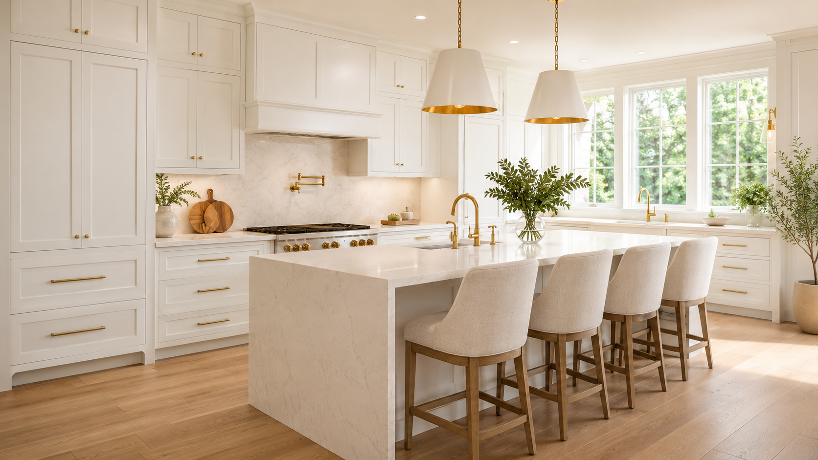 Bright white Shaker kitchen with brass accents and a quartz island