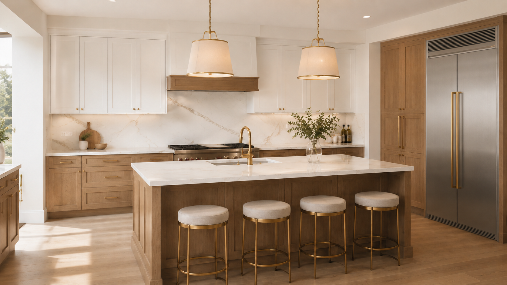 White upper and warm wood Slim Shaker kitchen with gold hardware, a quartz island, and an integrated refrigerator